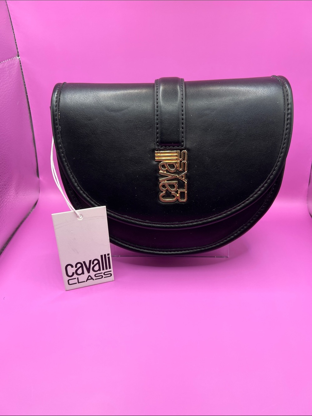 Cavalli Class Black Semi-Circle Leather Crossbody with Gold Logo